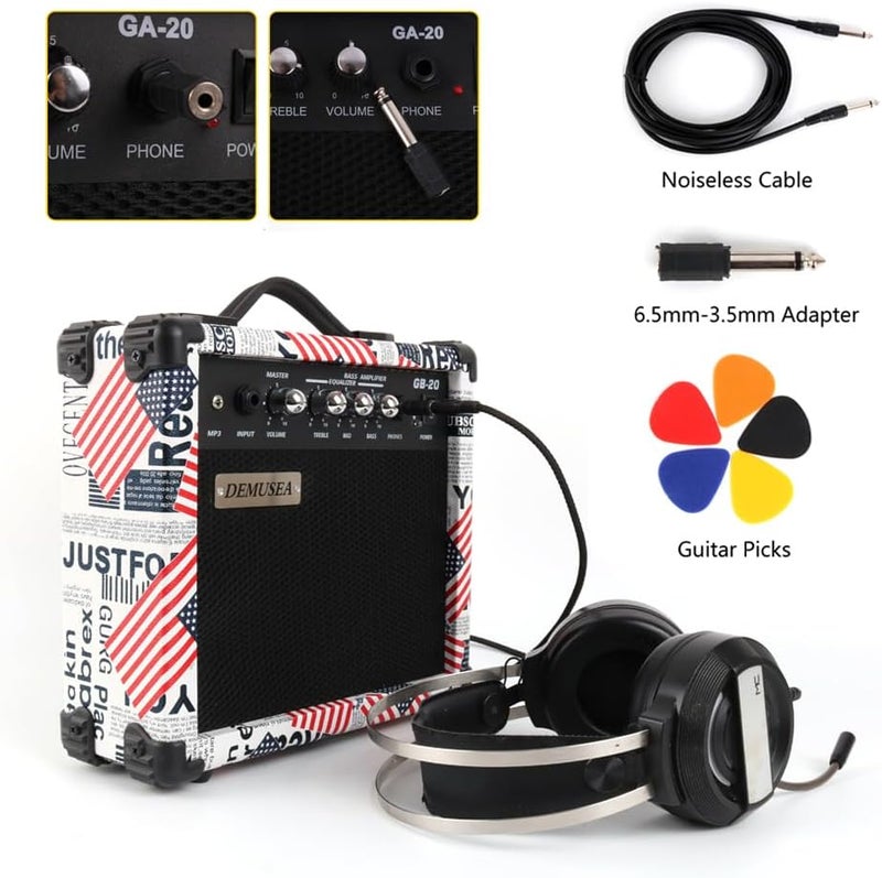 demusea 20W Watt Electric Bass Guitar Amplifier Portable Travel Mini Practic Amp Headphone Jack Aux Treble Middle Bass Flag Mp3 with Cable Adapter Guitar Picks in - Image 5